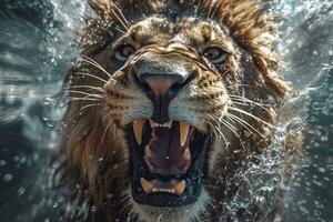 Close-up portrait of a lion in water. Wild animal.AI Generated photo