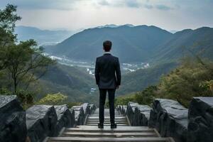 Businessman standing on the top of the mountain and looking at the city.AI Generated photo