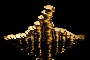 Stacks of gold coins on a black background, business and financial concept.AI Generated photo