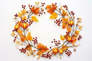 Autumn wreath with berries and pumpkins on a white background.AI Generated photo