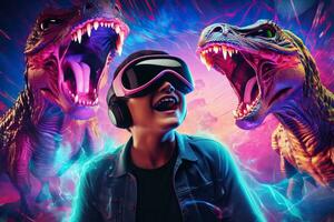 Boy wearing virtual reality glasses on a dinosaur background.AI Generated photo