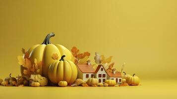 Autumn background with pumpkins and leaves on a yellow background.AI Generated photo