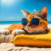 A cat wearing sunglasses and lying down beach bed photo