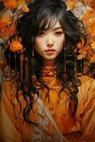 Asian korean girl beautiful eyes orange and yellow tones AI Generative photo