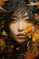 Asian korean girl beautiful eyes orange and yellow tones AI Generative photo