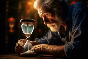 An elderly man looks at an hourglass.Time concept.AI Generated photo