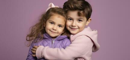 Little boy and girl on a purple background. The concept of children's friendship.AI Generated photo