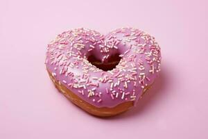 Pink glazed donut on a pink background.AI Generated photo