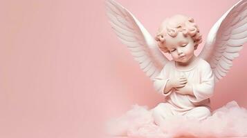 Angel baby with wings on a pink background. Copy space.AI Generated photo