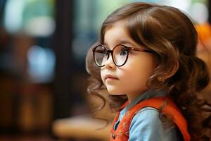 retrato de un linda pequeño niña con gafas.ai generado foto