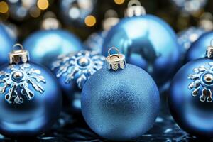 azul Navidad pelotas en un bokeh fondo.ai generado foto