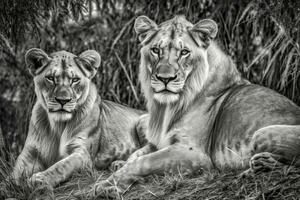 Lion and lioness in black and white.AI Generated photo