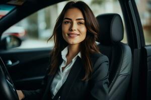 hermosa joven mujer de negocios es sentado en el coche y sonriendo.ai generado foto