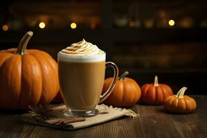 Pumpkin latte with whipped cream and spices on wooden table.AI Generated photo