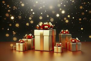 Golden gift boxes with bow on dark background.AI Generated 3D illustration. photo