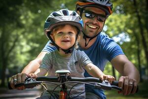 papá y hijo paseo un bicicleta.ai generado foto