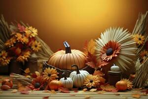 Autumn background with pumpkins and flowers.AI Generated photo