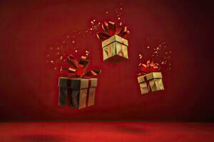 Gift boxes flying in the air on red background.AI Generated photo