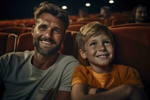 padre y hijo a el cine.ai generado foto