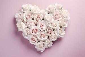 Bouquet of white roses in the shape of a heart on a pink background.AI Generated photo