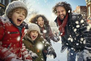 contento familia teniendo divertido en el nieve. invierno Días festivos y personas concepto.ai generado foto