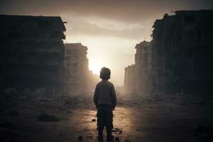 solo niño perspectiva en soledad en medio oriental abandonado ciudades, ai generado foto