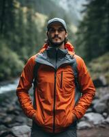 men wearing lightweight hiking jacket functional sleek AI Generative photo