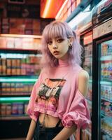 a stylish girl wearing streetwear in a convenience store AI Generative photo