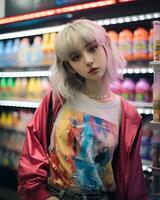 a stylish girl wearing streetwear in a convenience store AI Generative photo