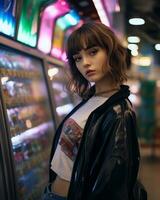 a stylish girl wearing streetwear in a convenience store AI Generative photo