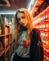 a stylish girl wearing streetwear in a convenience store AI Generative photo