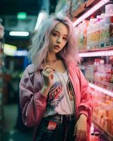 a stylish girl wearing streetwear in a convenience store AI Generative photo