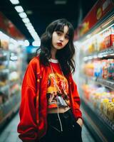 a stylish girl wearing streetwear in a convenience store AI Generative photo