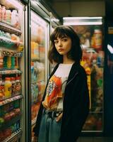 un elegante niña vistiendo ropa de calle en un conveniencia Tienda ai generativo foto