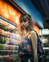 un elegante niña vistiendo ropa de calle en un conveniencia Tienda ai generativo foto