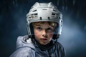 pequeño chico en hockey casco en oscuro fondo.ai generado foto