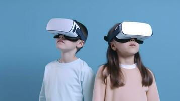 Children with virtual reality glasses on a blue background. The concept of virtual reality.AI Generated photo