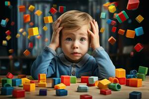 Cute little boy playing with colorful cubes at table. Early development concept.AI Generated photo