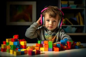 linda pequeño chico en auriculares jugando con vistoso de madera bloques a casa.ai generado foto