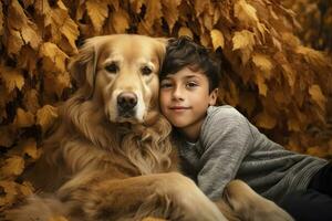 Boy hugging a golden retriever.AI Generated photo