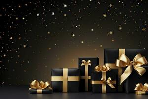 Black gift boxes with golden bows on black background.AI Generated photo