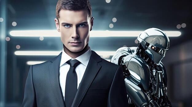 Portrait of a handsome young man wearing a suit and tie standing next to a robot. AI Generated. photo
