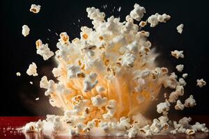 Popcorn flying into the air on a black background.AI Generated photo