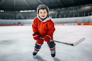 Cute little boy in hockey uniform playing ice hockey on rink.AI Generated photo