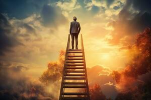 Back view of businessman standing on ladder.AI Generated photo