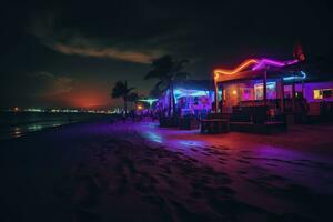 Beach at night with neon lights.AI Generated photo