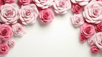 Pink and white roses on white background with copy space for text.AI Generated photo