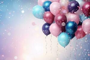 Colorful balloons on blue bokeh background. 3D Rendering, Celebratory background with pink and blue balloons, confetti, sparkles, lights, AI Generated photo