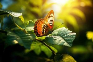 mariposa en verde hoja con luz de sol en el Mañana. naturaleza fondo, mariposa en un hoja en el Mañana ligero. de cerca, ai generado foto