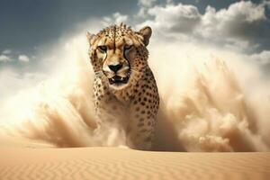 Cheetah in the desert. 3D rendering. Africa. Cheetah in a sand storm. 3d render illustration, AI Generated photo